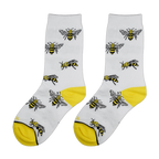 Close-up view of a pair of white socks with yellow bee illustrations.
