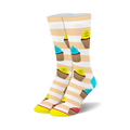 Cream and white striped crew socks adorned with colorful cupcake illustrations in yellow, blue, and pink.