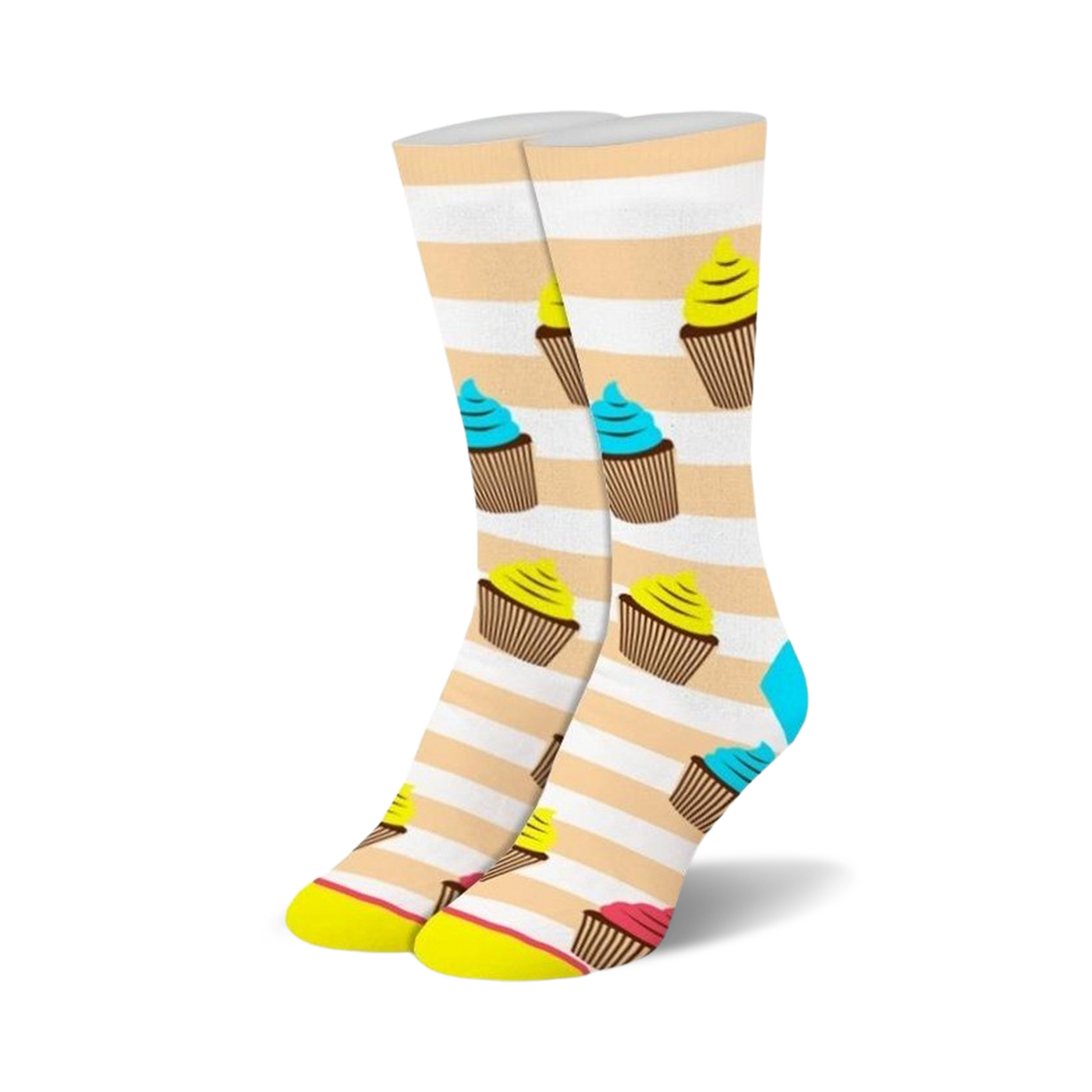 Cream and white striped crew socks adorned with colorful cupcake illustrations in yellow, blue, and pink.