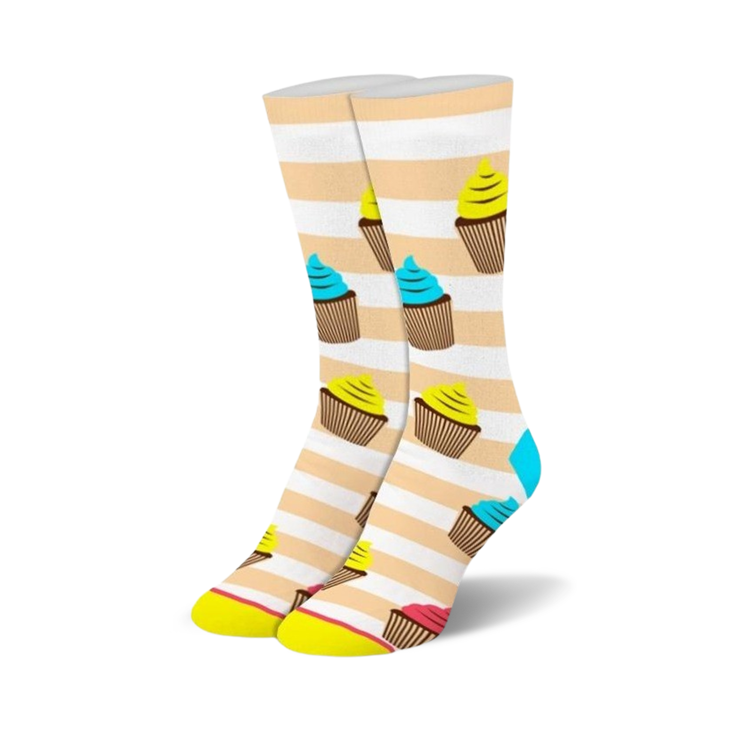 Cream and white striped crew socks adorned with colorful cupcake illustrations in yellow, blue, and pink.
