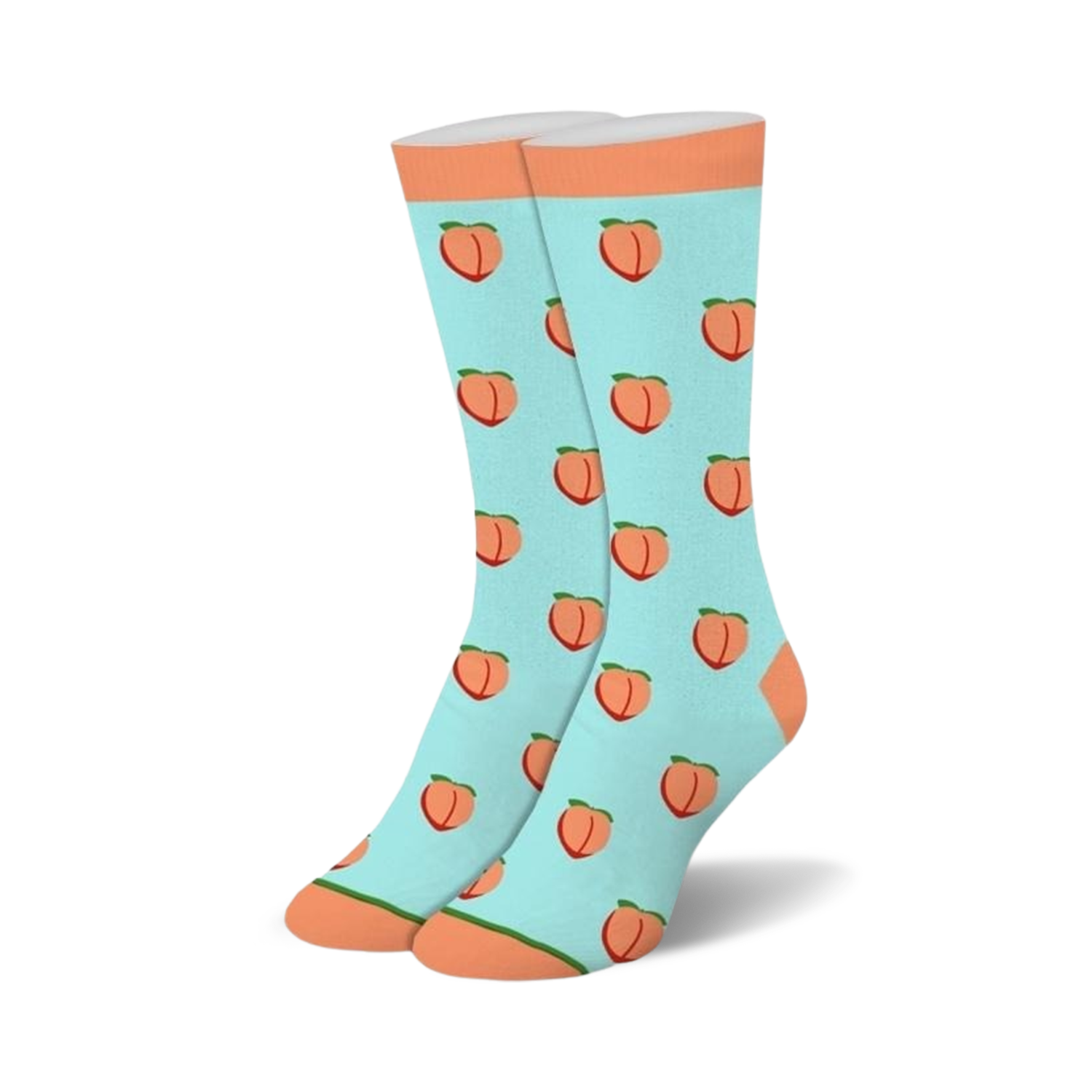 Light blue crew socks featuring a repeating pattern of orange peaches with green leaves and solid peach colored cuffs.