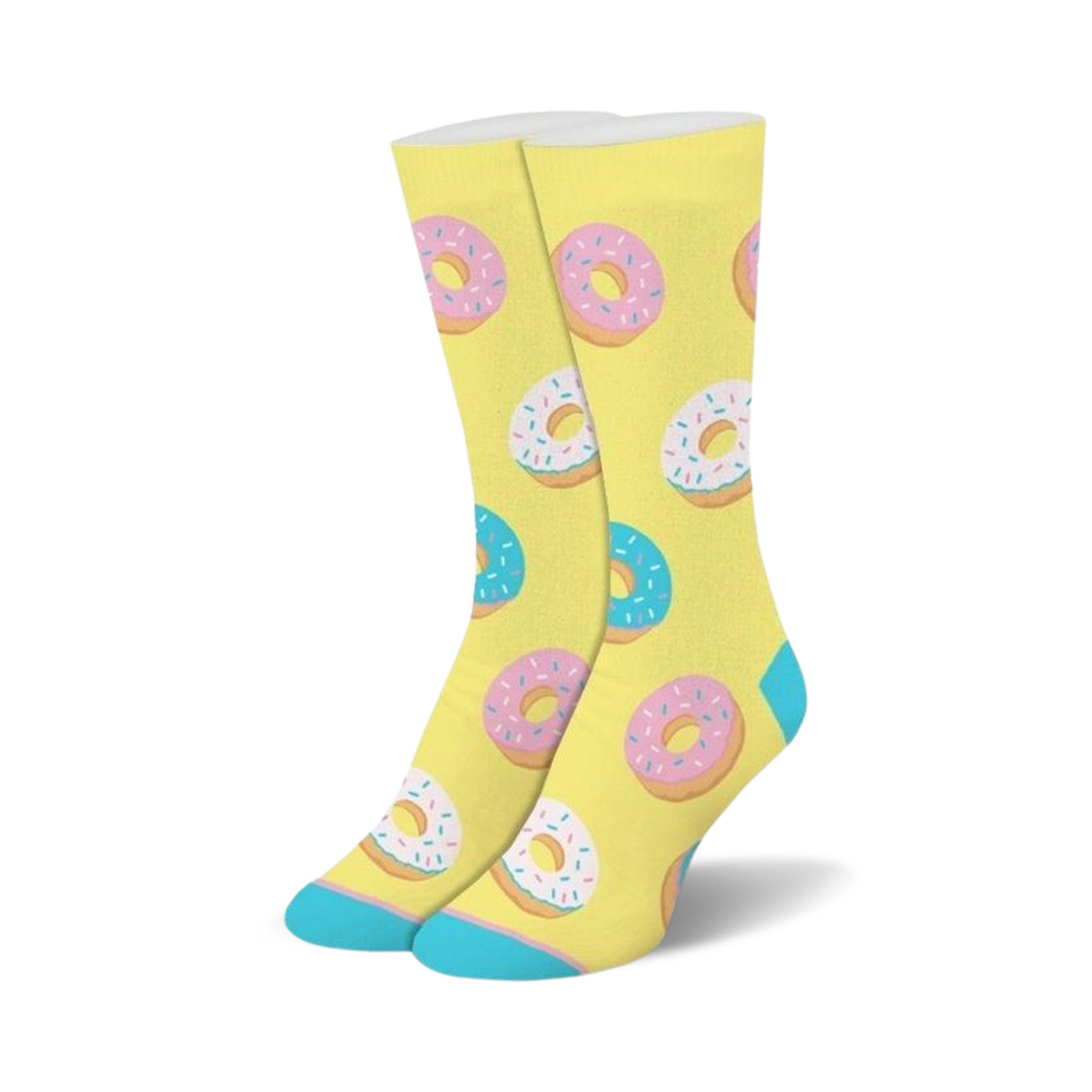 A pair of crew socks with a pastel yellow background and a repeating pattern of pink and blue donuts with sprinkles.