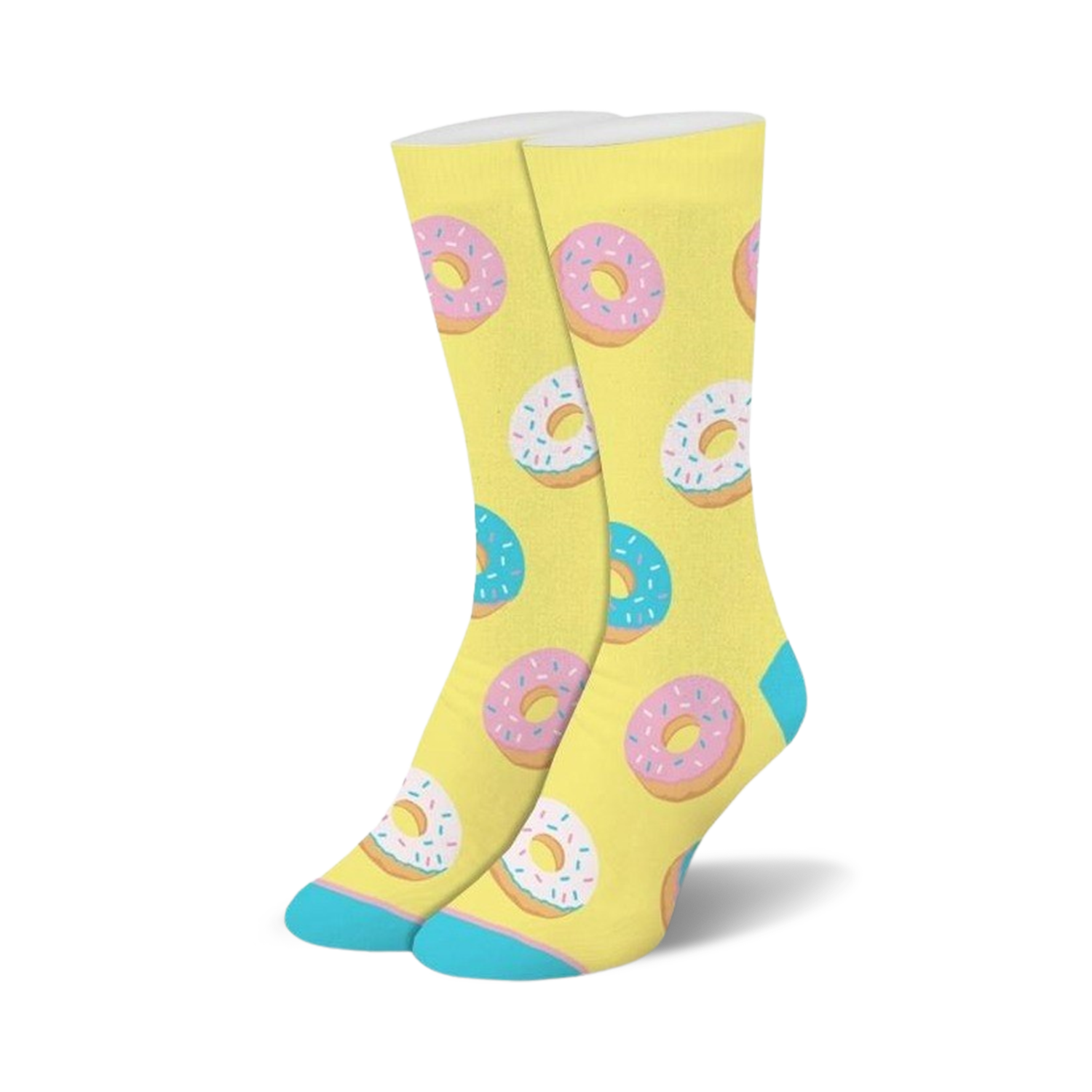 A pair of crew socks with a pastel yellow background and a repeating pattern of pink and blue donuts with sprinkles.
