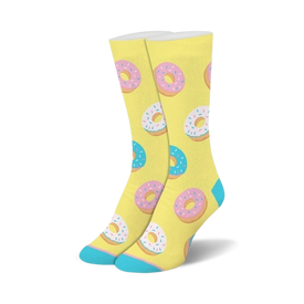womens crew socks, donut pattern in pink and white with blue and white sprinkles on yellow background, title: doughnut heaven.   