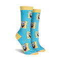 Pair of women's crew socks in teal with yellow and white Spongebob Squarepants faces. Yellow cuff.