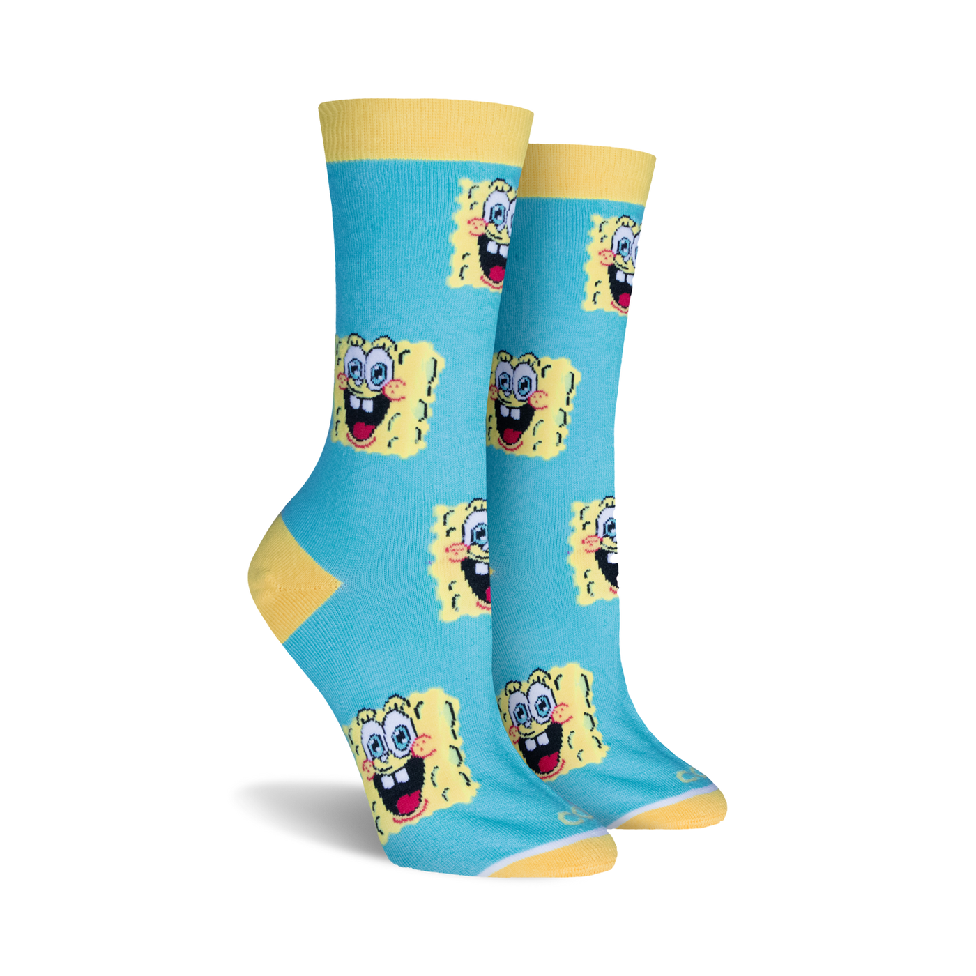 Pair of women's crew socks in teal with yellow and white Spongebob Squarepants faces. Yellow cuff.