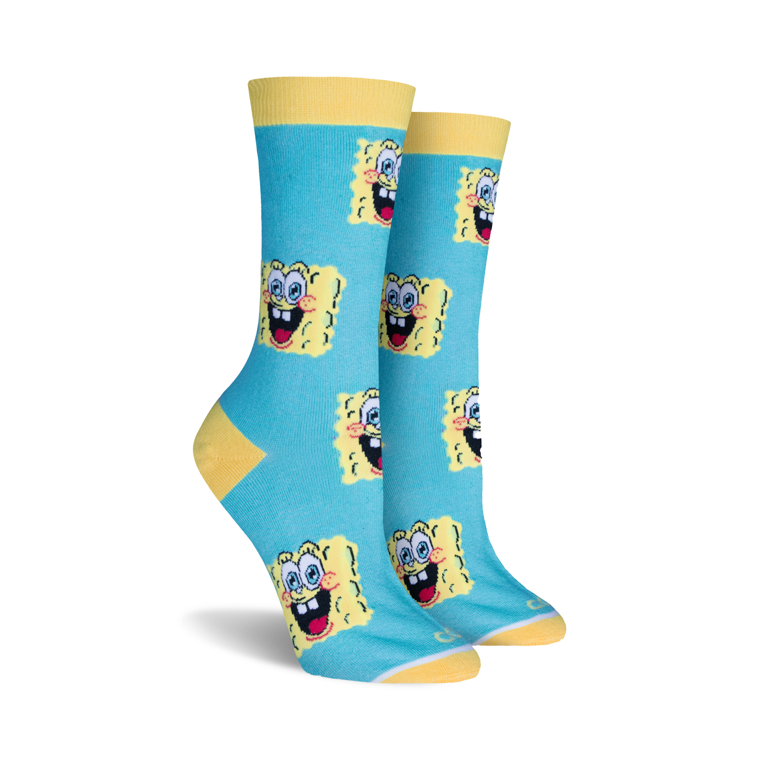 Pair of women's crew socks in teal with yellow and white Spongebob Squarepants faces. Yellow cuff.