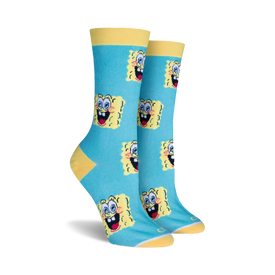 spongebob squarepants: spongebob faces cartoon themed womens blue novelty crew socks