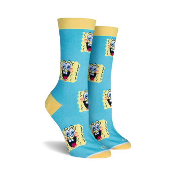 spongebob squarepants faces light blue crew socks with yellow toes and heels, made for women.  