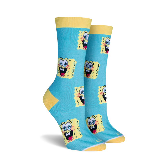 spongebob squarepants faces light blue crew socks with yellow toes and heels, made for women.   }}