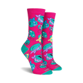 Teenage Mutant Ninja Turtles crew socks in pink and teal.  The socks feature a fun, repeating pattern of the Turtles' heads.