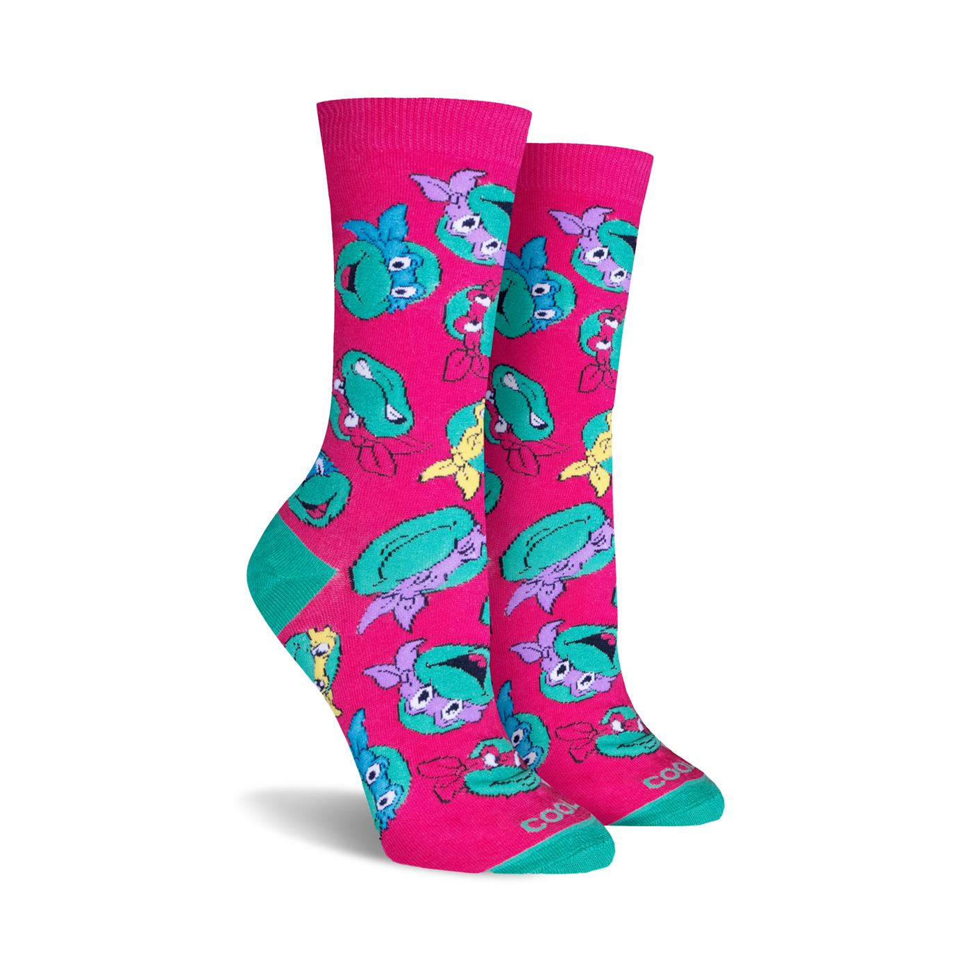 Teenage Mutant Ninja Turtles crew socks in pink and teal.  The socks feature a fun, repeating pattern of the Turtles' heads.