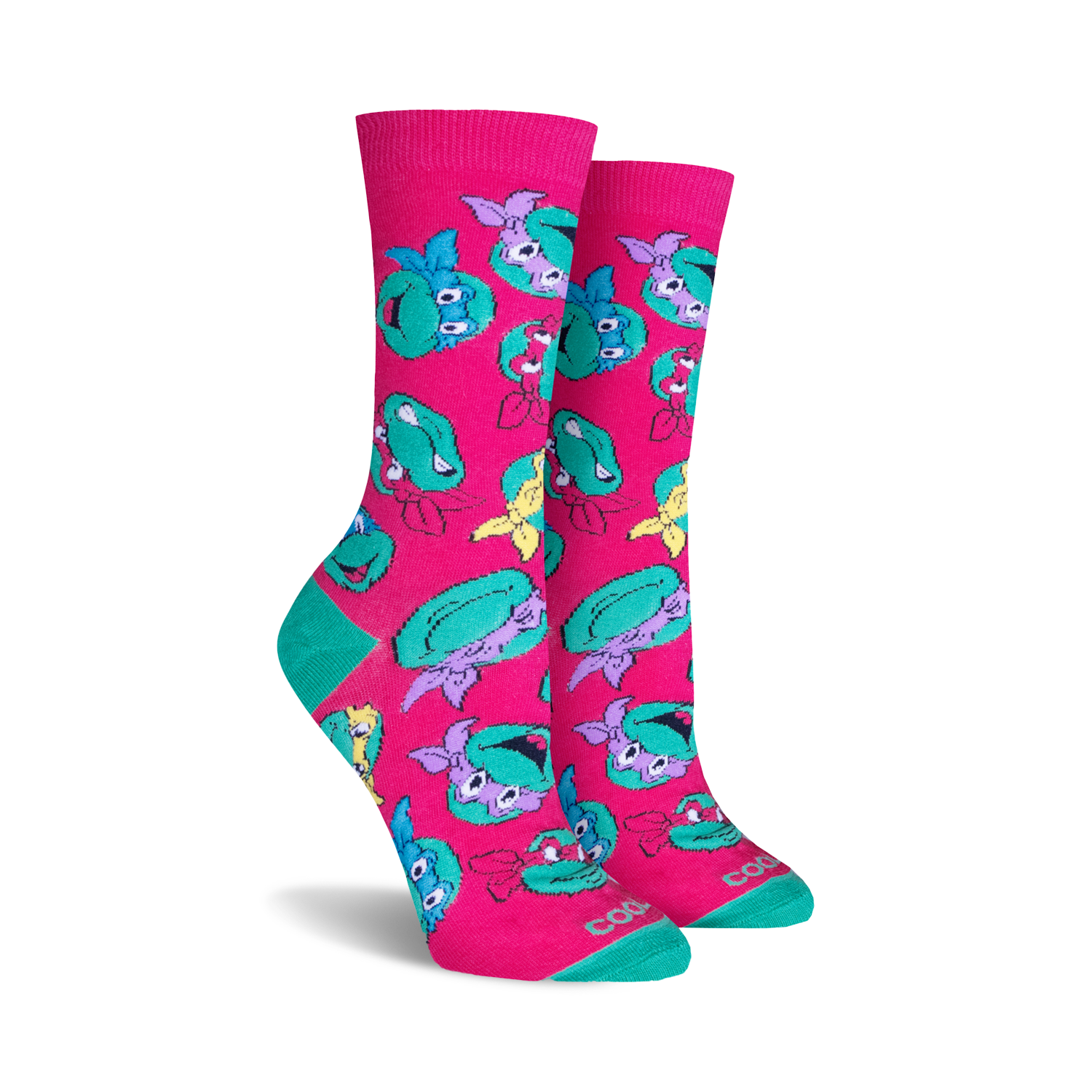 Teenage Mutant Ninja Turtles crew socks in pink and teal.  The socks feature a fun, repeating pattern of the Turtles' heads.