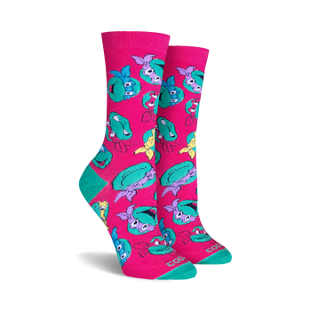 Teenage Mutant Ninja Turtles crew socks in pink and teal.  The socks feature a fun, repeating pattern of the Turtles' heads.