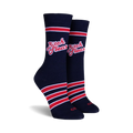 Pair of navy blue crew socks with red and white stripes and the phrase 'Bitch Please' in a red retro font.