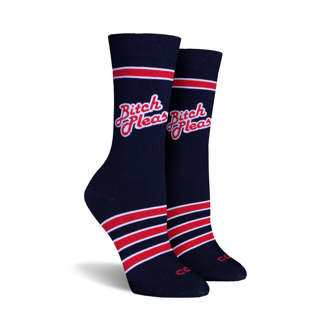 Pair of navy blue crew socks with red and white stripes and the phrase 'Bitch Please' in a red retro font.