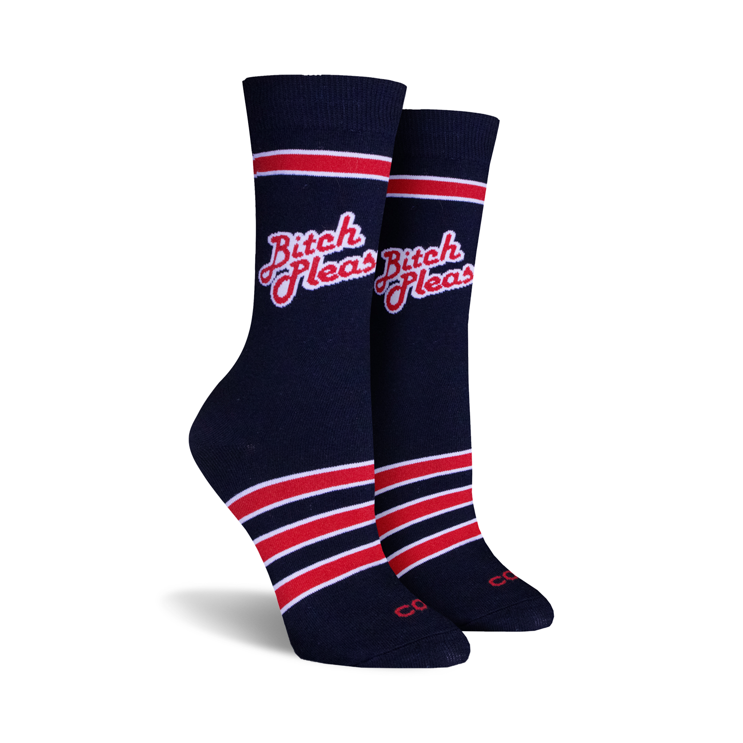Pair of navy blue crew socks with red and white stripes and the phrase 'Bitch Please' in a red retro font.