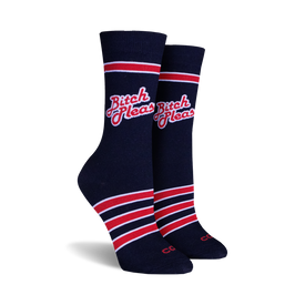 dark blue socks with red and white stripes, "bitch please" script on front, crew length, women's.   