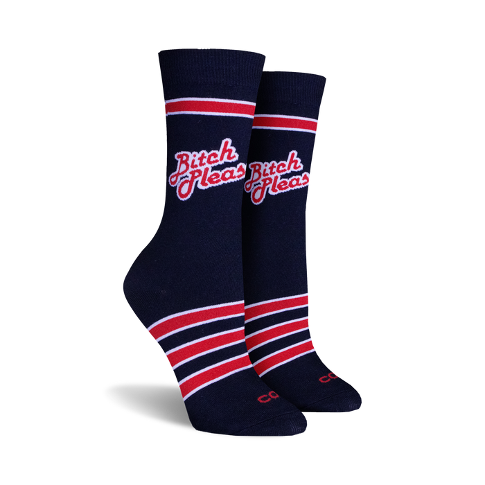 dark blue socks with red and white stripes, 