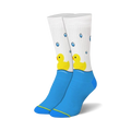 Crew socks in white and blue featuring yellow rubber duckies in a bathtub with soap bubbles. 