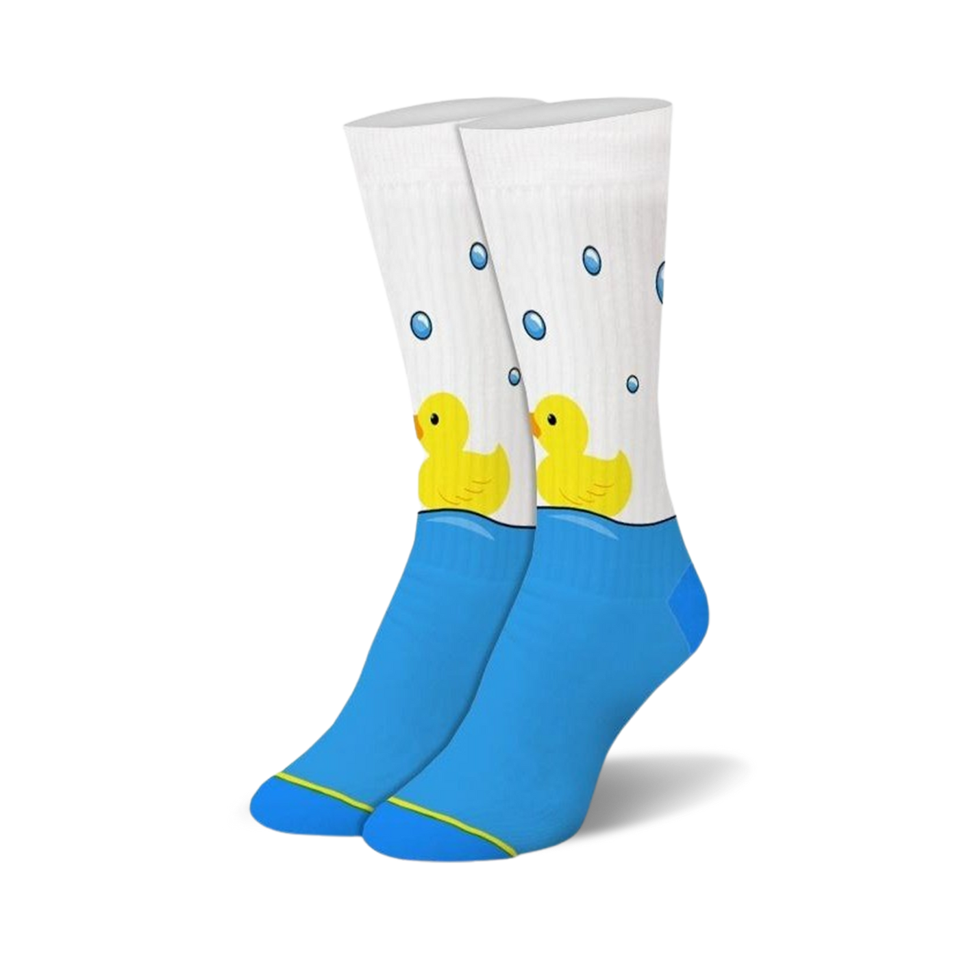 Crew socks in white and blue featuring yellow rubber duckies in a bathtub with soap bubbles. 