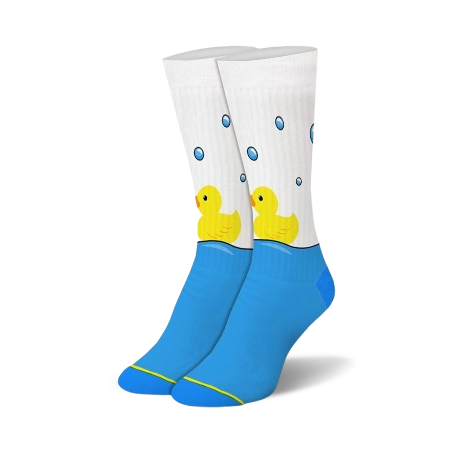 Crew socks in white and blue featuring yellow rubber duckies in a bathtub with soap bubbles. 