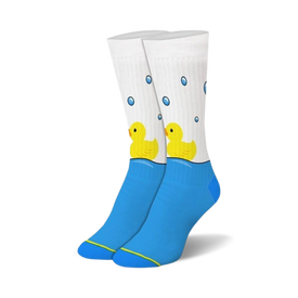  crew-length white socks with blue water line, yellow rubber ducks, blue toes, heels, yellow band above heels. duck theme. for women.  