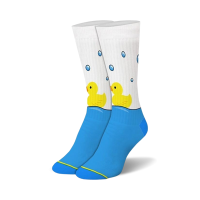  crew-length white socks with blue water line, yellow rubber ducks, blue toes, heels, yellow band above heels. duck theme. for women.  