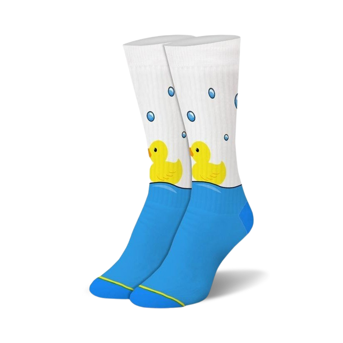  crew-length white socks with blue water line, yellow rubber ducks, blue toes, heels, yellow band above heels. duck theme. for women.   }}