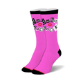 Bright pink crew socks with black cuffs, heels, and toes. Design includes 'BURN BOOK' in magazine letters and red lips.