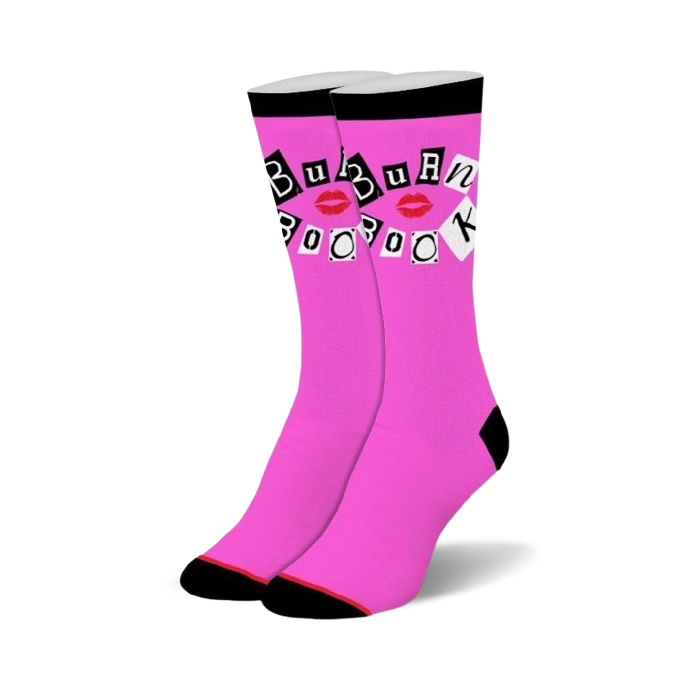 Bright pink crew socks with black cuffs, heels, and toes. Design includes 'BURN BOOK' in magazine letters and red lips.