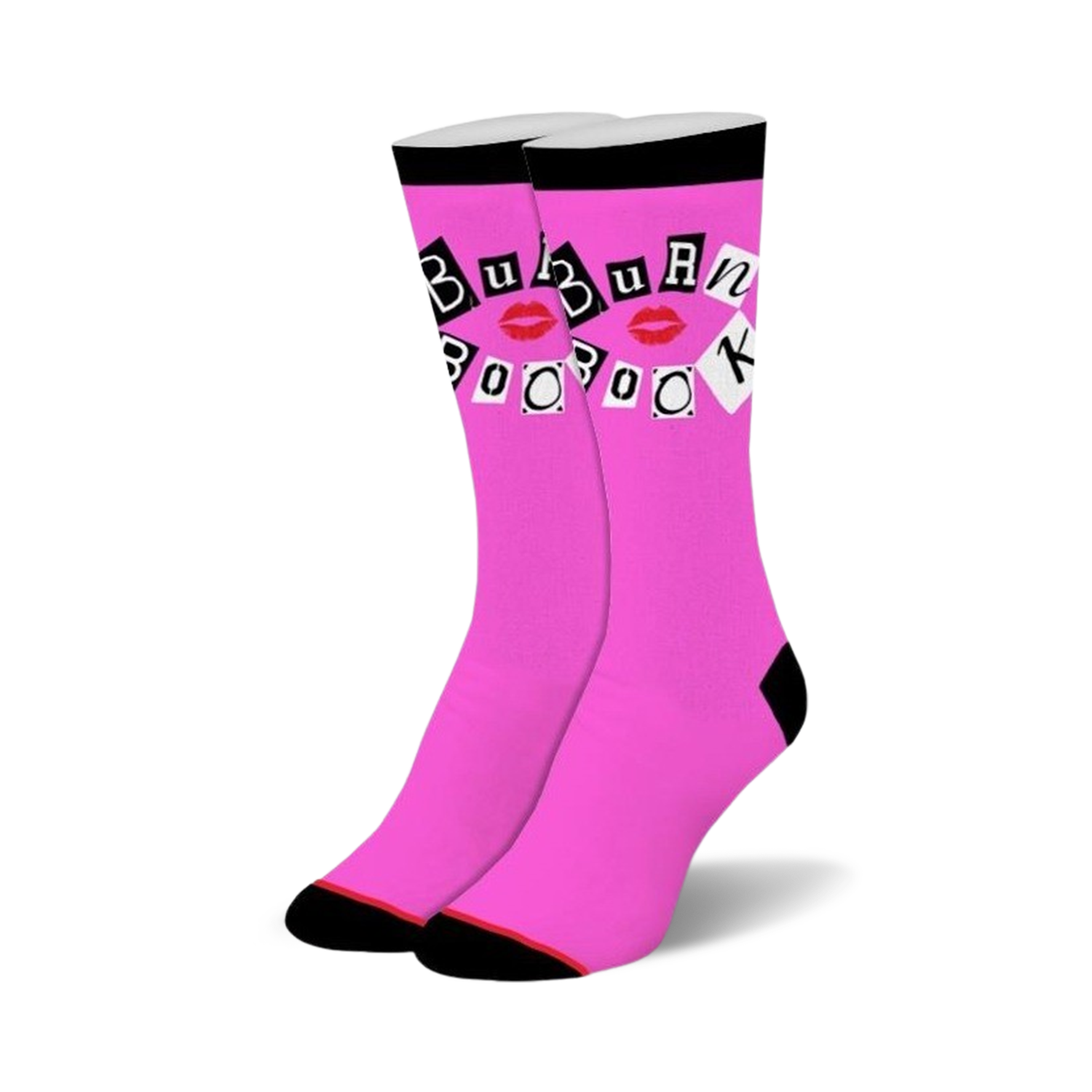 Bright pink crew socks with black cuffs, heels, and toes. Design includes 'BURN BOOK' in magazine letters and red lips.