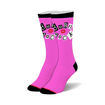 Bright pink crew socks with black cuffs, heels, and toes. Design includes 'BURN BOOK' in magazine letters and red lips.