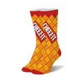 Pair of crew socks; yellow and red, with a repeating pattern of Cheez-It crackers and boxes.