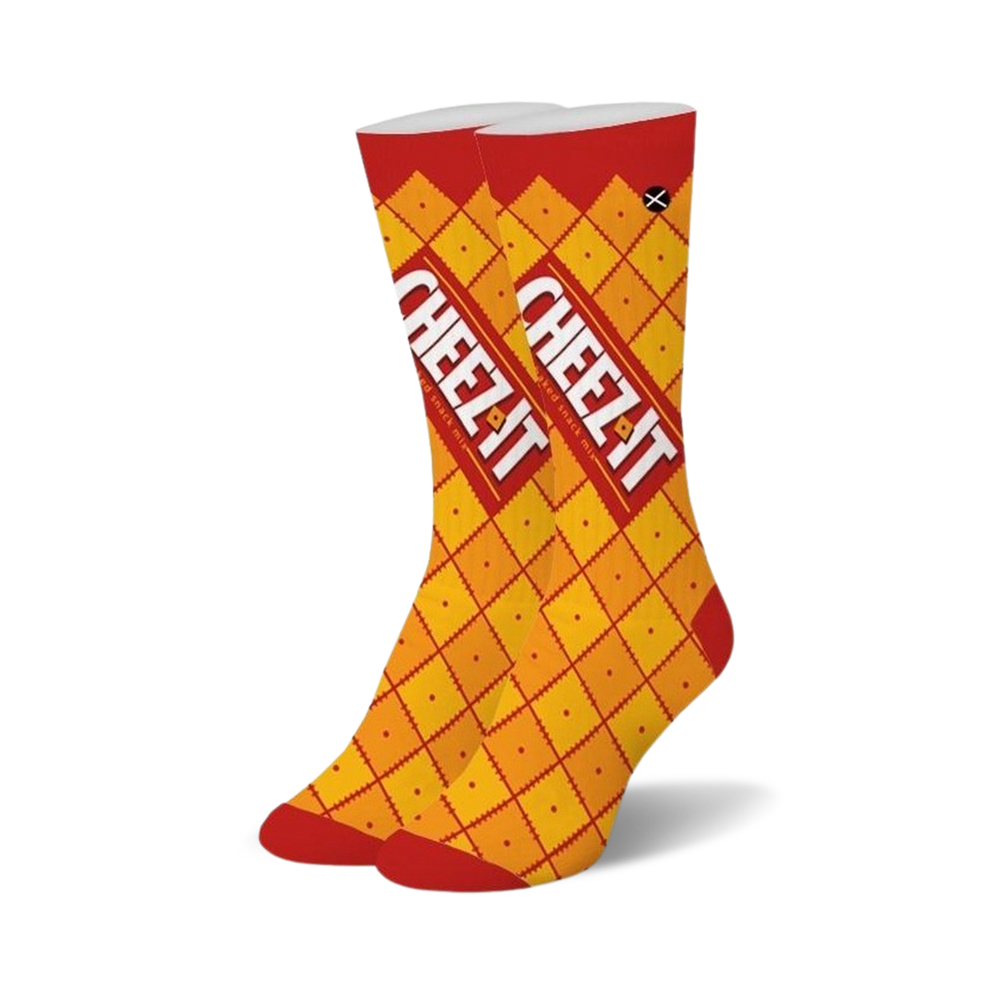 Pair of crew socks; yellow and red, with a repeating pattern of Cheez-It crackers and boxes.