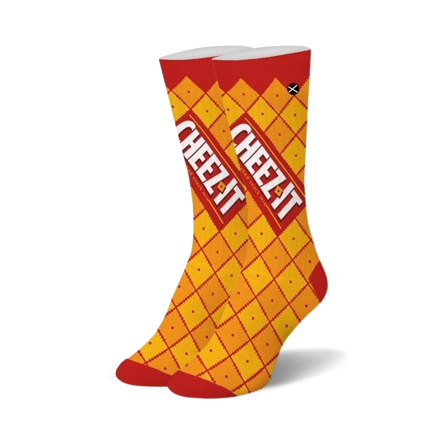 Pair of crew socks; yellow and red, with a repeating pattern of Cheez-It crackers and boxes.