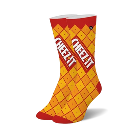 women's crew socks in red and orange with a cheez it pattern.   