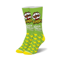 Pair of bright green Pringles Sour Cream & Onion crew socks featuring the Mr. P mascot and a repeating chip pattern.