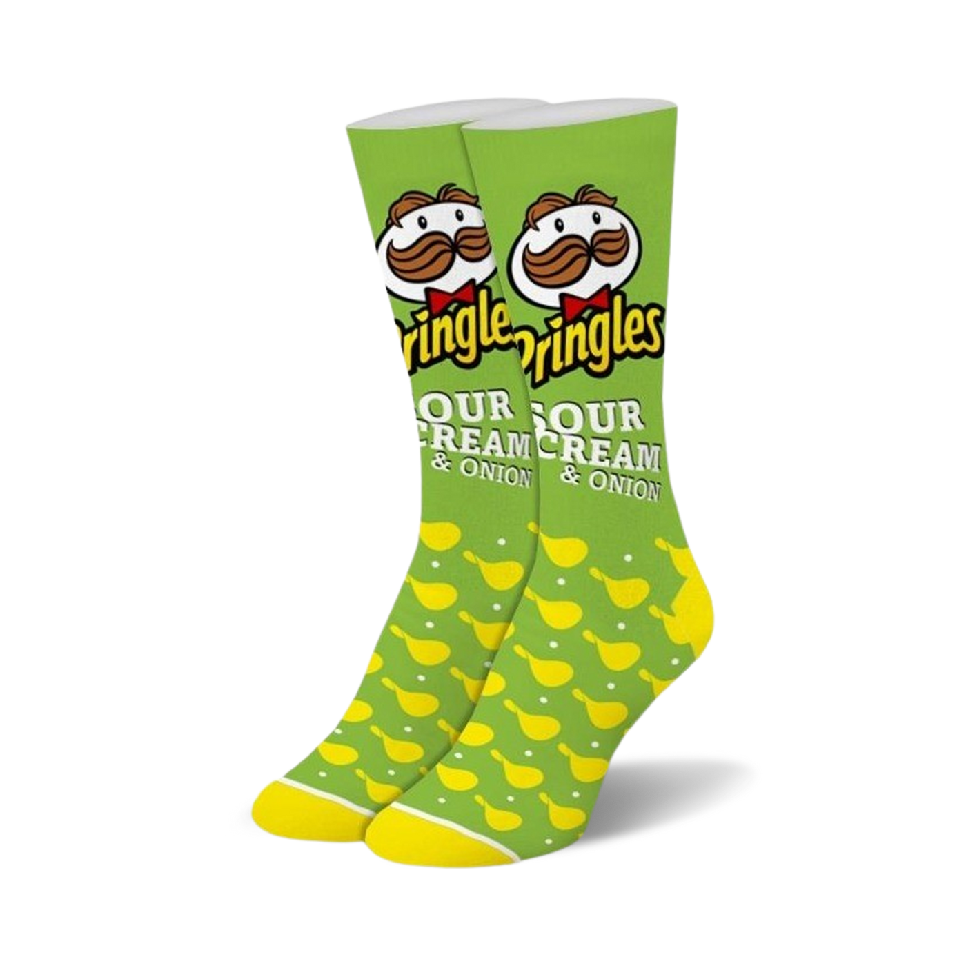 Pair of bright green Pringles Sour Cream & Onion crew socks featuring the Mr. P mascot and a repeating chip pattern.