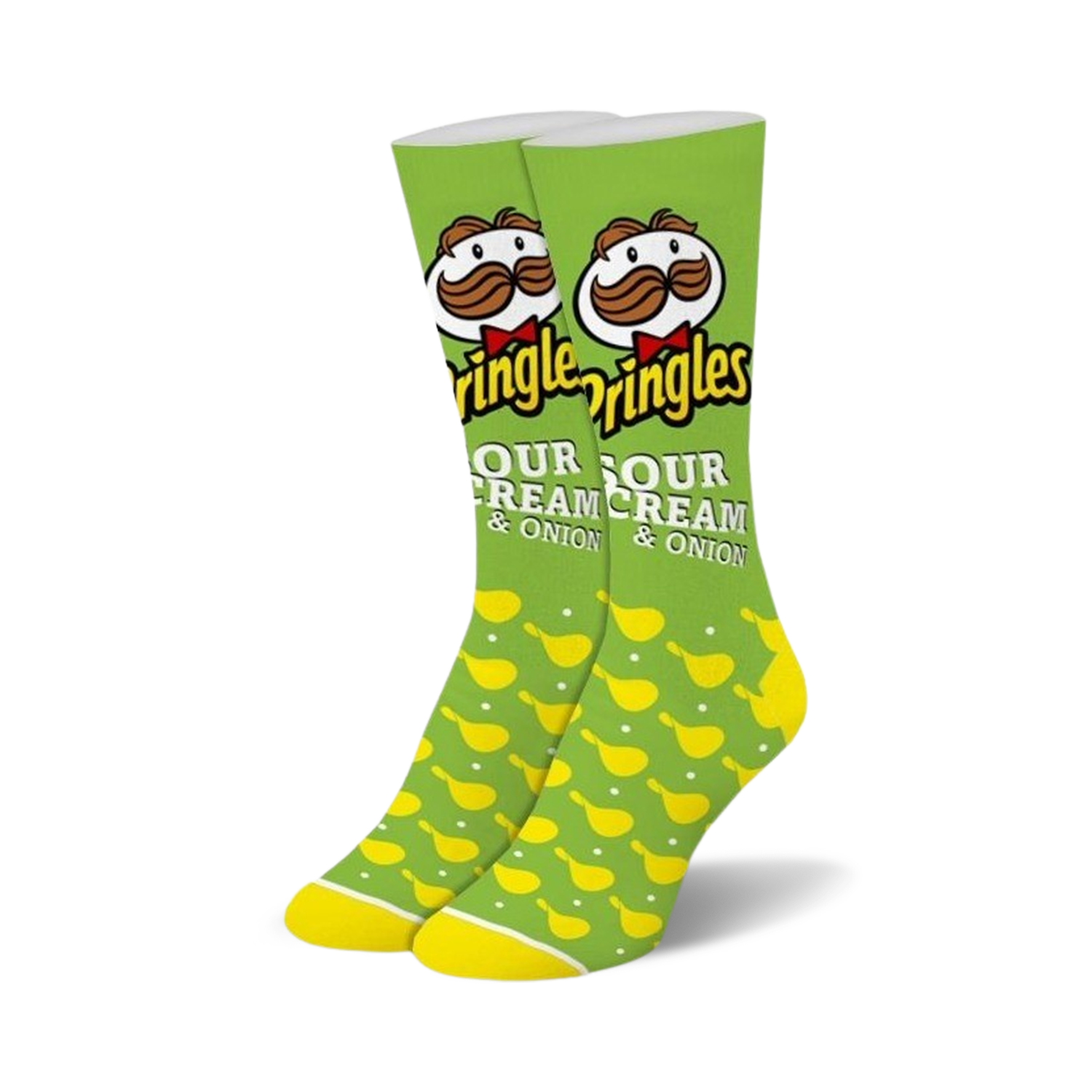 Pair of bright green Pringles Sour Cream & Onion crew socks featuring the Mr. P mascot and a repeating chip pattern.