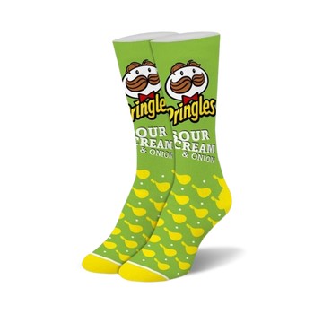 women's crew socks with a fun pattern of pringles sour cream & onion chips and can with mustache.  