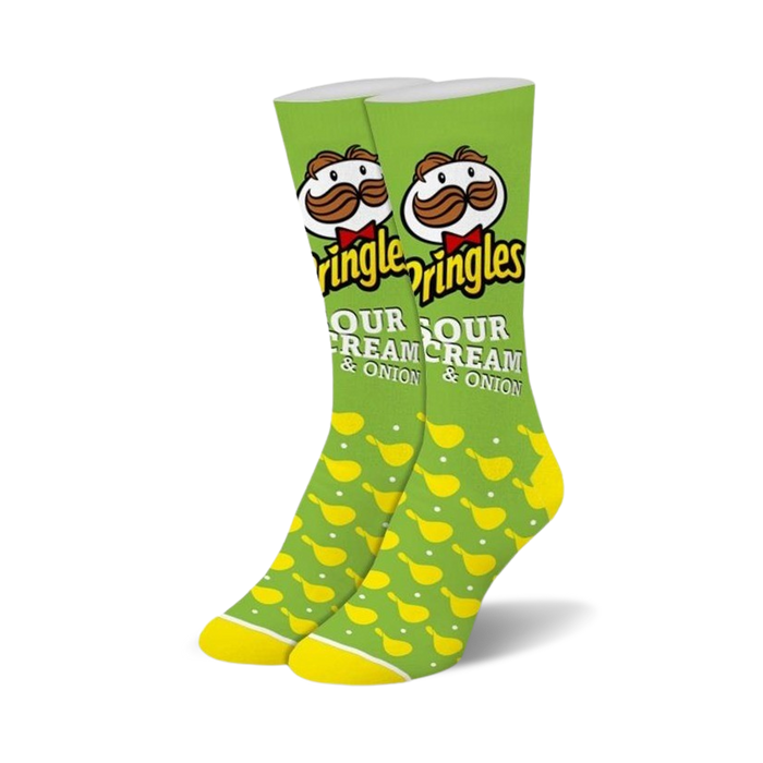 women's crew socks with a fun pattern of pringles sour cream & onion chips and can with mustache.   }}