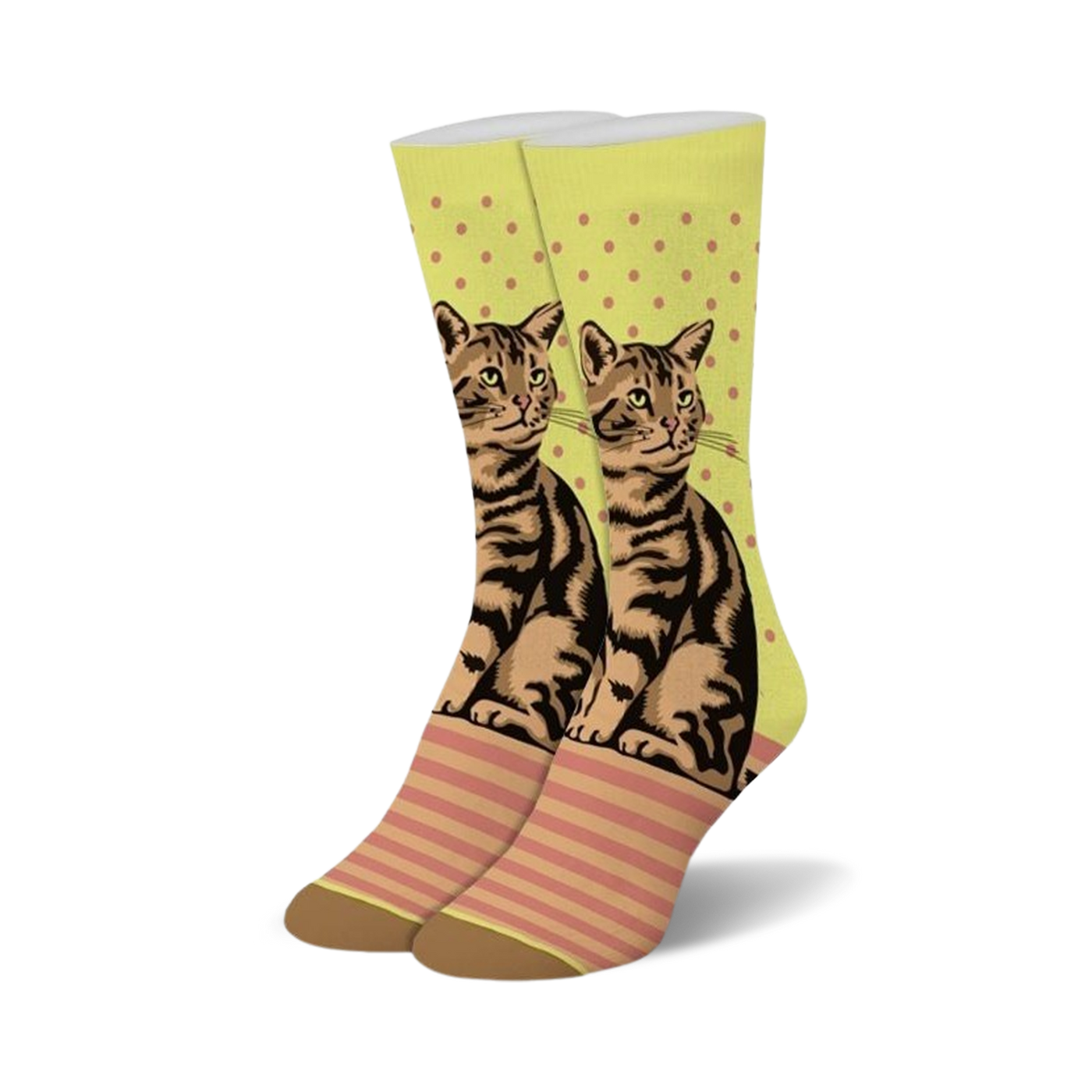 A pair of crew socks showcasing a brown tabby cat design on a lime green background with pink polka dots and stripes. The socks have brown heels and toes.