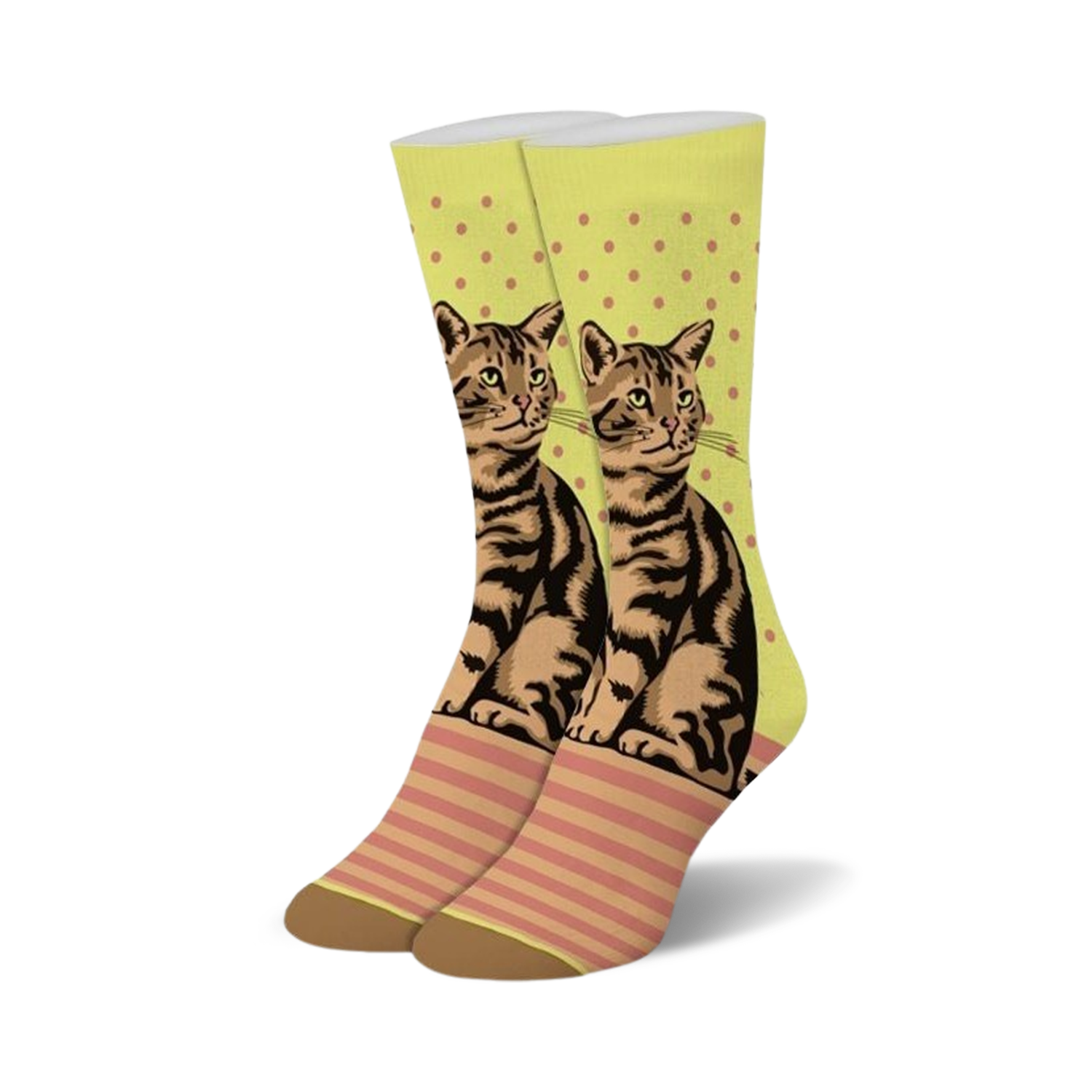 A pair of crew socks showcasing a brown tabby cat design on a lime green background with pink polka dots and stripes. The socks have brown heels and toes.