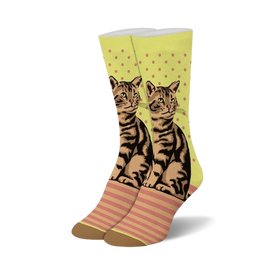 yellow tabby cat socks with pink polka dots. crew length, for women.  