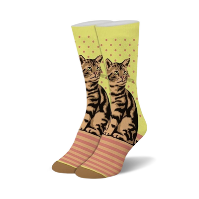 yellow tabby cat socks with pink polka dots. crew length, for women.  