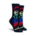 Pair of navy blue crew socks with colorful peace symbols: crescent moon, peace sign, Christian cross, Star of David, and yin-yang.