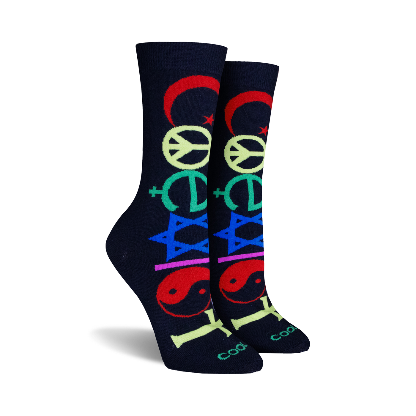 Pair of navy blue crew socks with colorful peace symbols: crescent moon, peace sign, Christian cross, Star of David, and yin-yang.