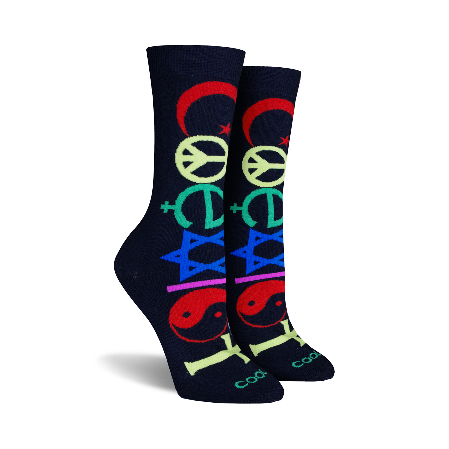 Pair of navy blue crew socks with colorful peace symbols: crescent moon, peace sign, Christian cross, Star of David, and yin-yang.