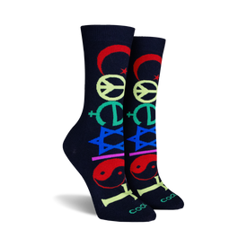 black crew socks for women adorned with multicolored religious symbols like peace sign, star of david, and christian cross.  